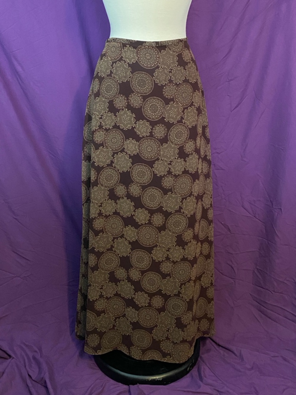 Vintage 90s Express Brown Maxi Skirt with Tan Medallion Print. 36” waist.